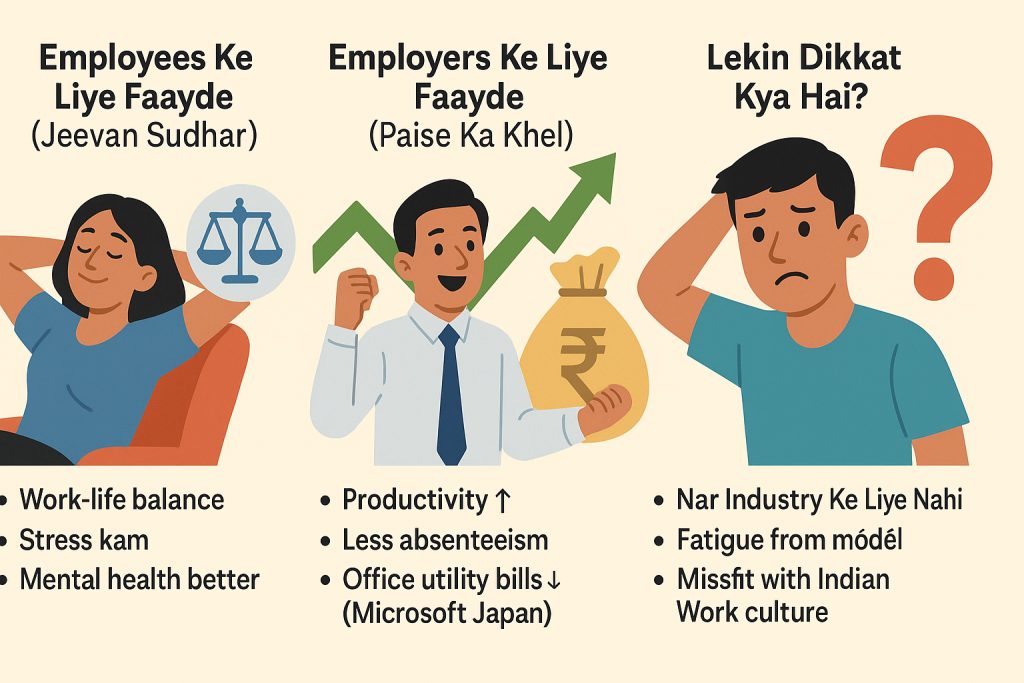 A colorful infographic split into three parts showing benefits for employees, financial perks for employers, and challenges of the 4-day work week in the Indian context with relatable characters and icons.