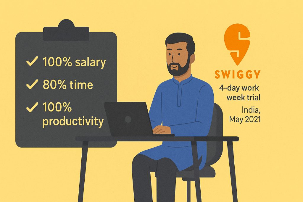 An Indian man working at a desk in traditional attire, next to a board showing 100% salary, 80% time, and 100% productivity, highlighting Swiggy’s 4-day work week trial from May 2021.