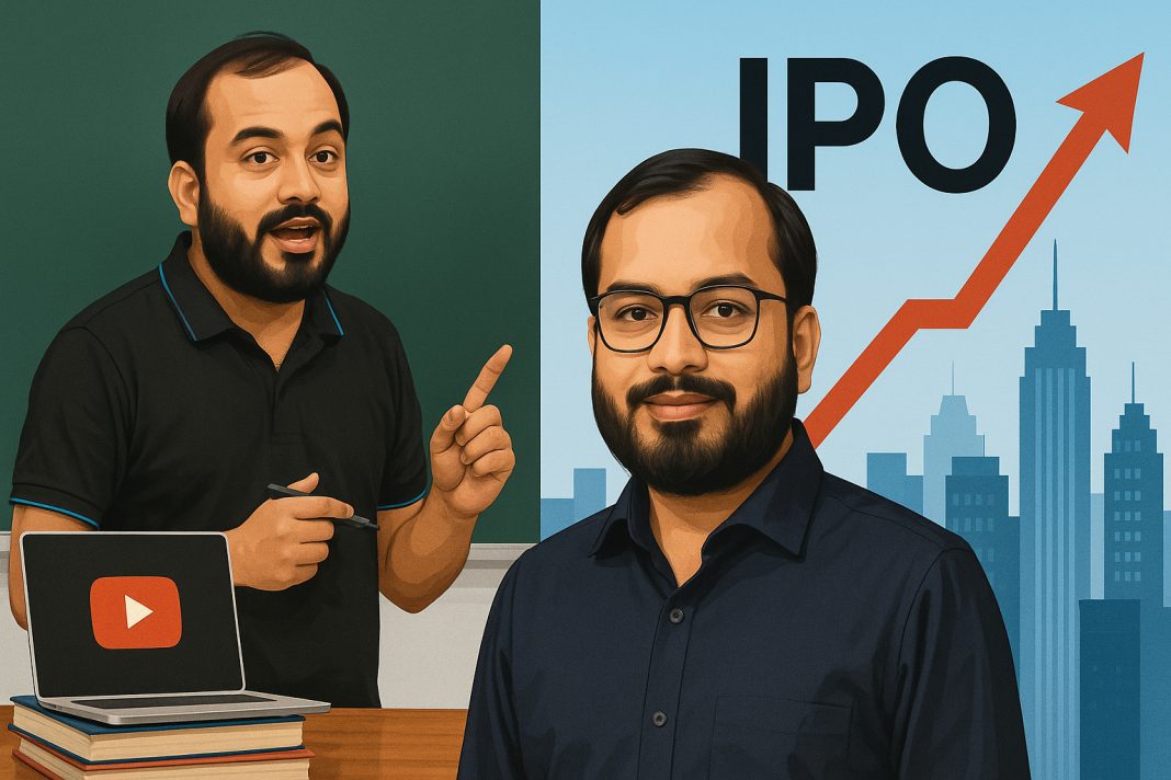 A split-screen image showing Alakh Pandey's journey: on the left, he teaches in front of a chalkboard with a laptop displaying the YouTube logo, symbolizing his early days as an online educator; on the right, he appears in formal attire with a city skyline, the word “IPO,” and an upward-trending arrow, representing the success and growth of his startup, Physics Wallah.