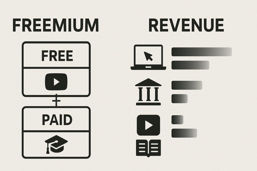 Infographic showing Physics Wallah’s freemium model with icons for free YouTube content and paid courses, and revenue sources like online classes, offline centers, ads, and books