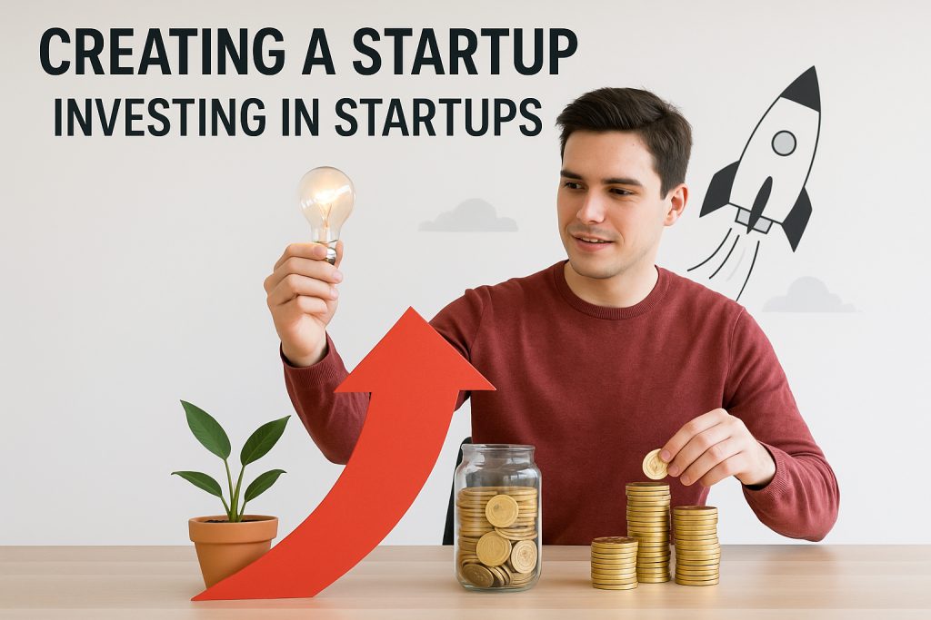 Young entrepreneur in a modern office holding a glowing lightbulb, surrounded by startup symbols like a rocket, gold coins, and a red arrow representing growth and investment.