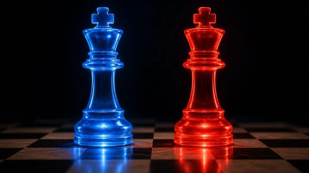 Two glowing chess kings facing off on a dark board, one lit in US blue and one in China red, dramatic high-contrast lighting, clean background, no text or watermark, symbolizing the US-China AI war