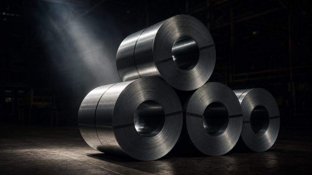 Stacked steel coils in a dark warehouse under dramatic overhead light