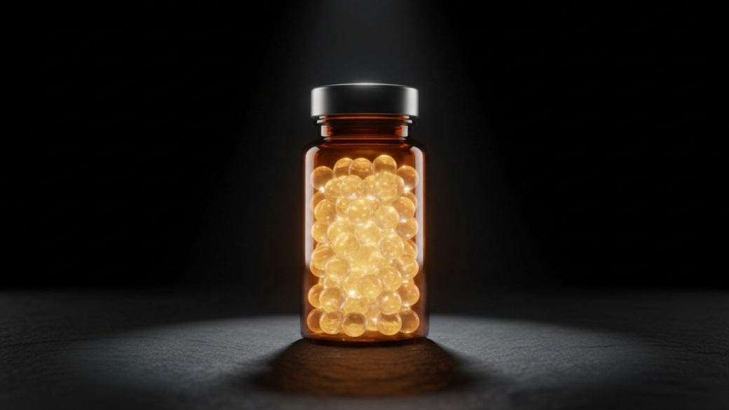 A single bottle of skin and hair health supplements glowing under dramatic studio lighting against a clean dark background, high-contrast and bold