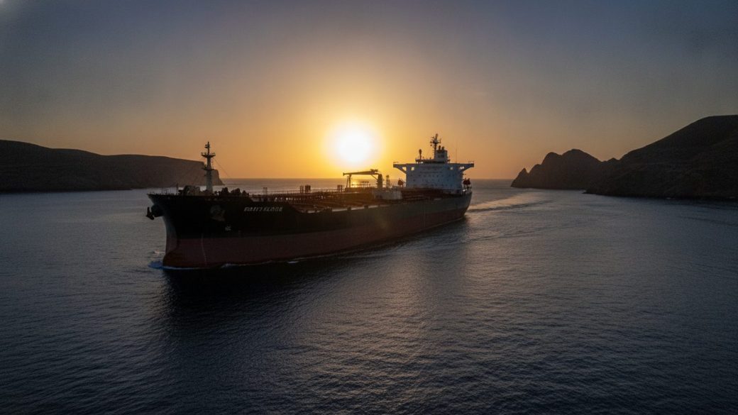 A massive crude oil tanker passing through a narrow sea strait at dusk, dramatic golden backlight, clean open water and sky, high contrast, no text or logos