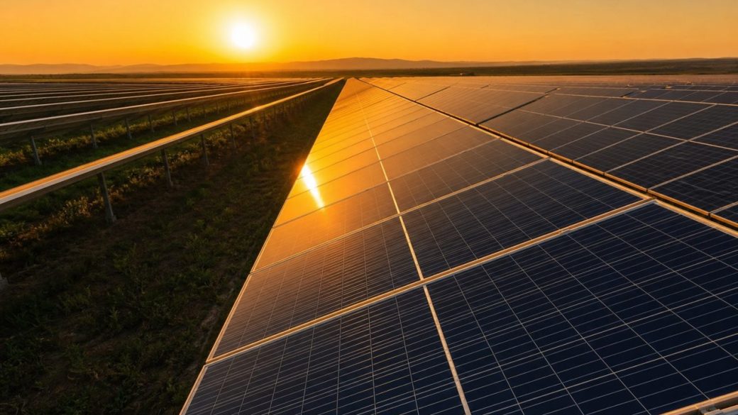 A vast solar power farm with rows of dark photovoltaic panels stretching to the horizon under dramatic golden-hour sunlight, clean uncluttered sky, high-contrast cinematic composition