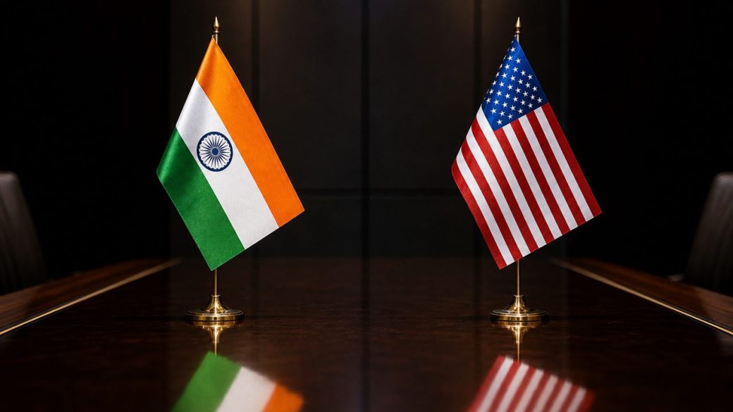 Two national flags of India and the United States facing each other on a polished negotiating table, dramatic side lighting, clean dark background, high contrast, no text