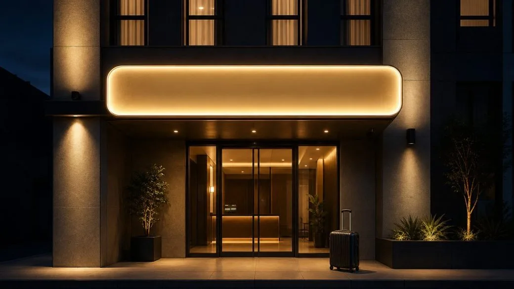 A modern budget hotel facade lit up at night with a glowing sign, a single suitcase by the entrance, dramatic high-contrast lighting, clean uncluttered background, one focal subject, no text or watermark
