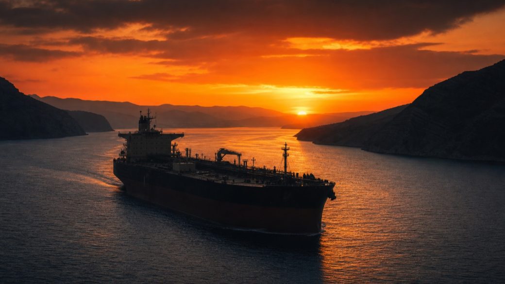 Oil tanker silhouette navigating a narrow sea strait at dusk, illustrating the Strait of Hormuz and the US-Iran oil deal
